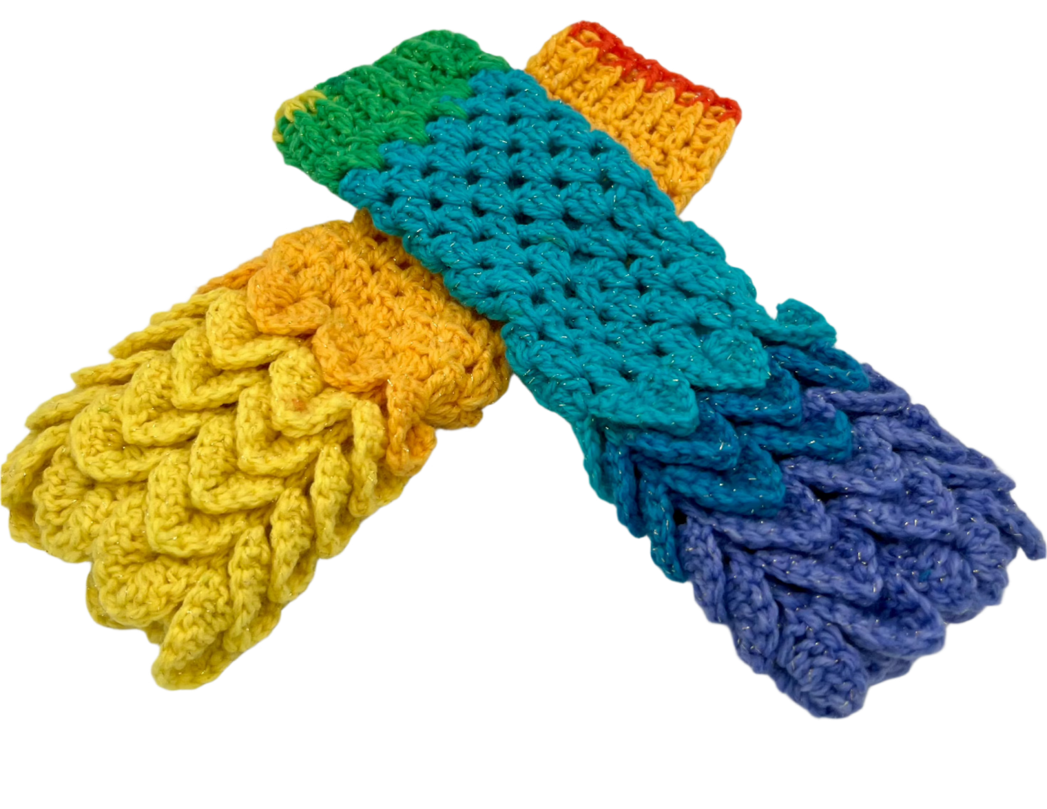 A pair of crocheted fingerless gloves using the crocodile stitch. The color is rainbow themed, nicknamed Comet.