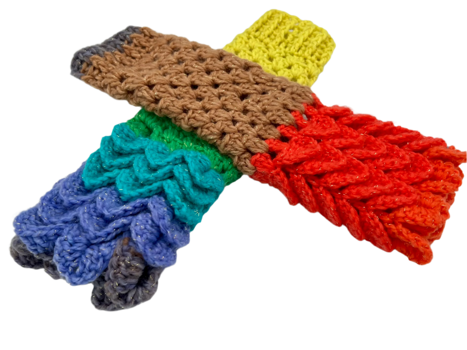 A pair of crochet fingerless gloves using the crocodile stitch. The color is rainbow themed, nicknamed Comet.