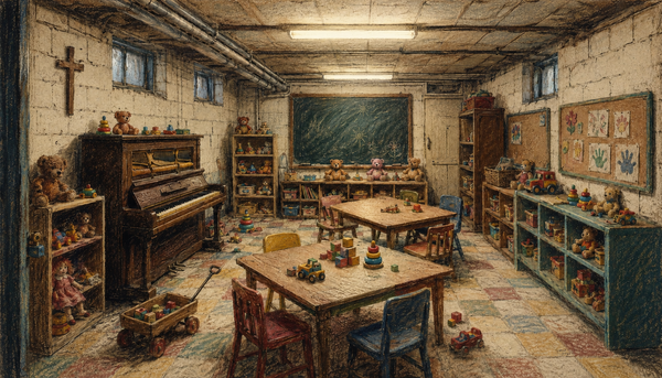 Crayon illustration of Little Echoes Daycare, an abandoned church basement classroom in Copper Vein Plaza