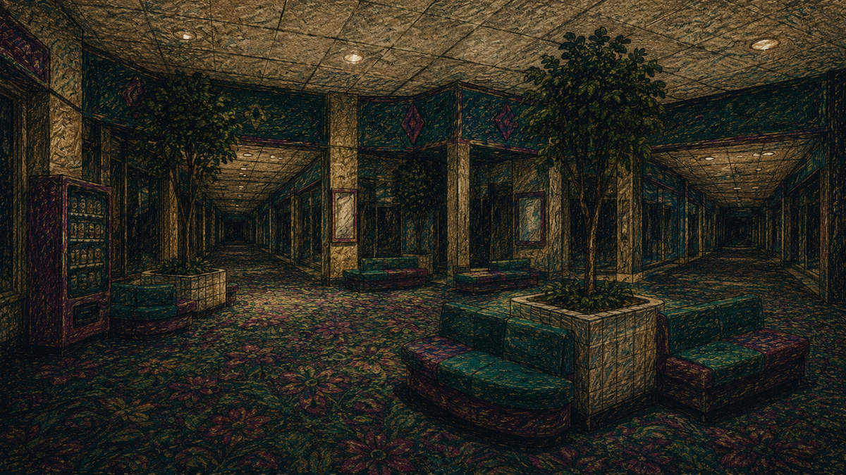 A dark crayon illustration of a liminal carpeted mall lounge with three nearly identical hallways.