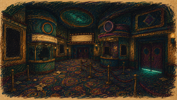A dark crayon illustration of an abandoned cinema lobby with blank marquees and closed theater doors.