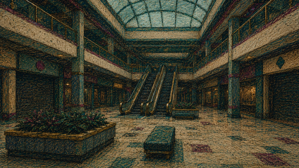 A dark crayon illustration of a silent two-story mall atrium with stopped escalators.