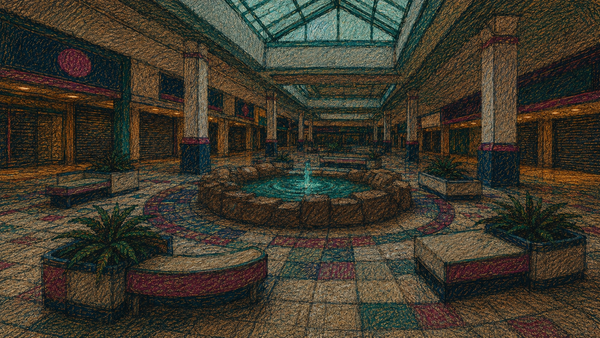A dark crayon illustration of an empty mall seating court surrounding a dim turquoise fountain.