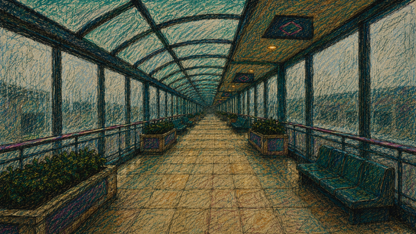 A crayon illustration of an impossibly long mall skybridge under cold overcast light.