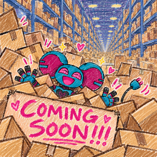 Pulse cheerfully buried in an avalanche of boxes beneath a crayon Coming Soon sign in an endless warehouse.
