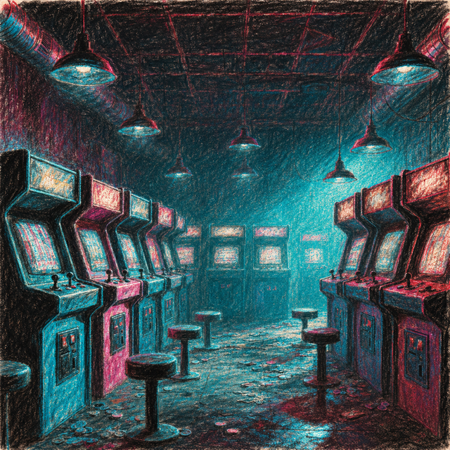 Crayon illustration of The Lost Quarter, an abandoned neon arcade in Copper Vein Plaza